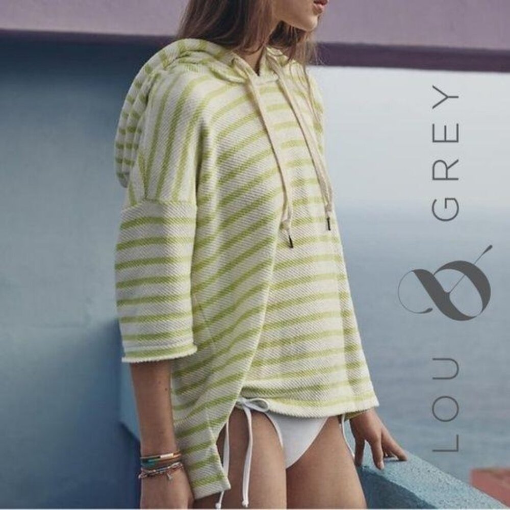 Lou & Grey Striped Hooded Poncho Top S Yellow White Cotton Blend - Picture 1 of 8